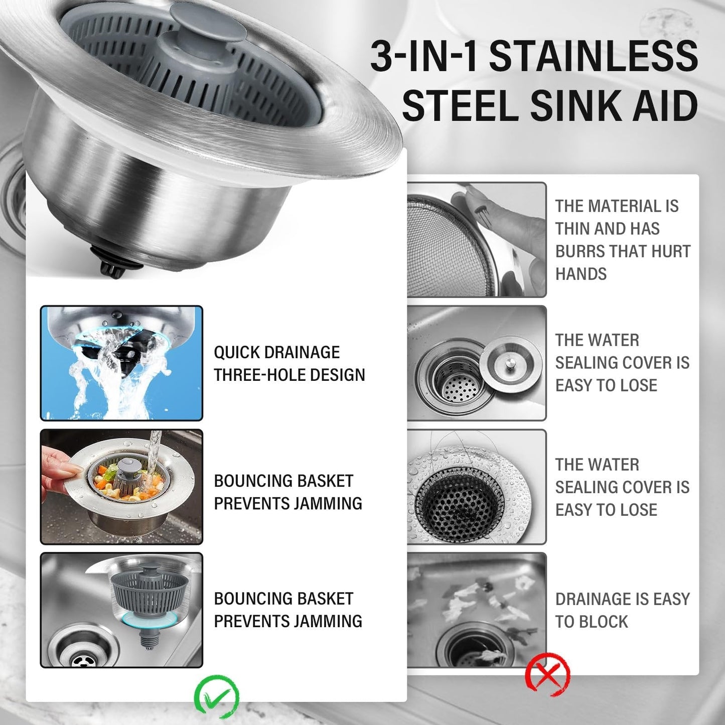 RICPIND® 3-in-1 Sink Drain Filter and Stopper Combo