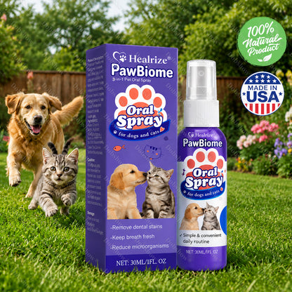 🔥𝙎𝙥𝙚𝙘𝙞𝙖𝙡 𝙋𝙧𝙤𝙢𝙤𝙩𝙞𝙤𝙣 | Healrize® PawBiome 3-in-1 Pet Oral Spray– Probiotic & Herbal Dental Care, Plaque Control & Fresh Breath for Dogs & Cats