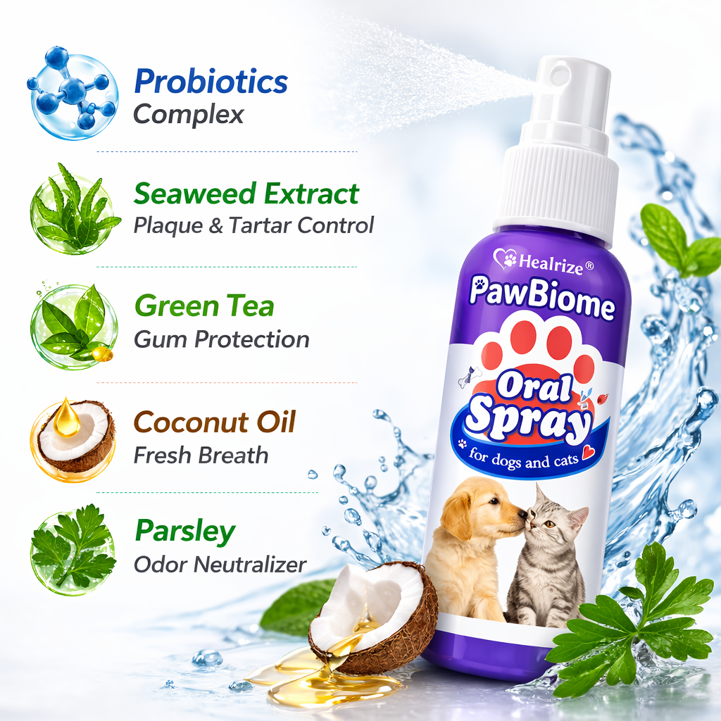 🔥𝙎𝙥𝙚𝙘𝙞𝙖𝙡 𝙋𝙧𝙤𝙢𝙤𝙩𝙞𝙤𝙣 | Healrize® PawBiome 3-in-1 Pet Oral Spray– Probiotic & Herbal Dental Care, Plaque Control & Fresh Breath for Dogs & Cats