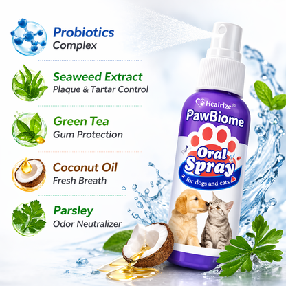 🔥𝙎𝙥𝙚𝙘𝙞𝙖𝙡 𝙋𝙧𝙤𝙢𝙤𝙩𝙞𝙤𝙣 | Healrize® PawBiome 3-in-1 Pet Oral Spray– Probiotic & Herbal Dental Care, Plaque Control & Fresh Breath for Dogs & Cats