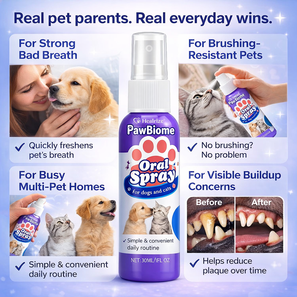 🔥𝙎𝙥𝙚𝙘𝙞𝙖𝙡 𝙋𝙧𝙤𝙢𝙤𝙩𝙞𝙤𝙣 | Healrize® PawBiome 3-in-1 Pet Oral Spray– Probiotic & Herbal Dental Care, Plaque Control & Fresh Breath for Dogs & Cats