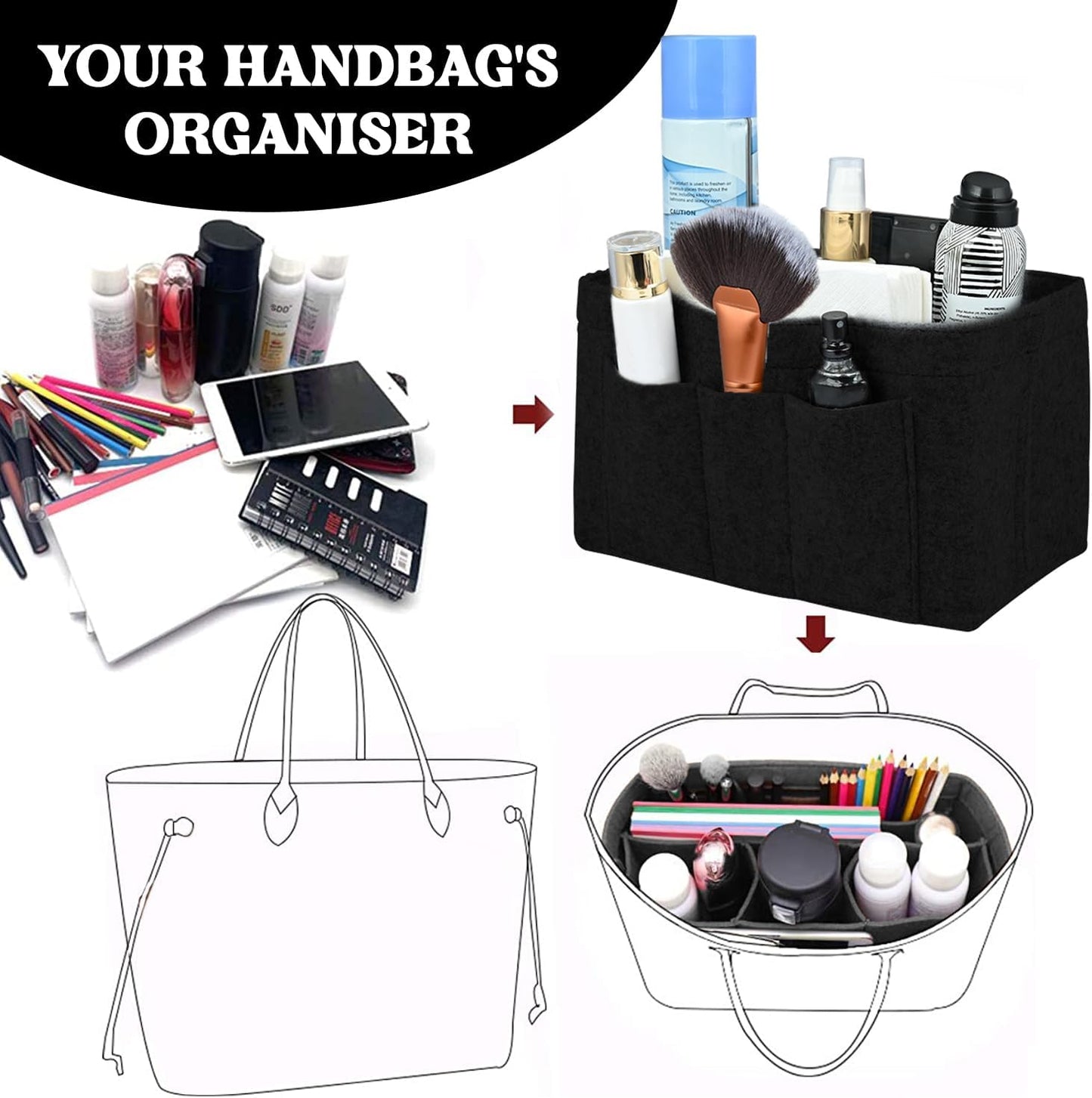 Dobshow® Elegant Black Felt Handbag Organizer | Durable & Stylish Bag Insert